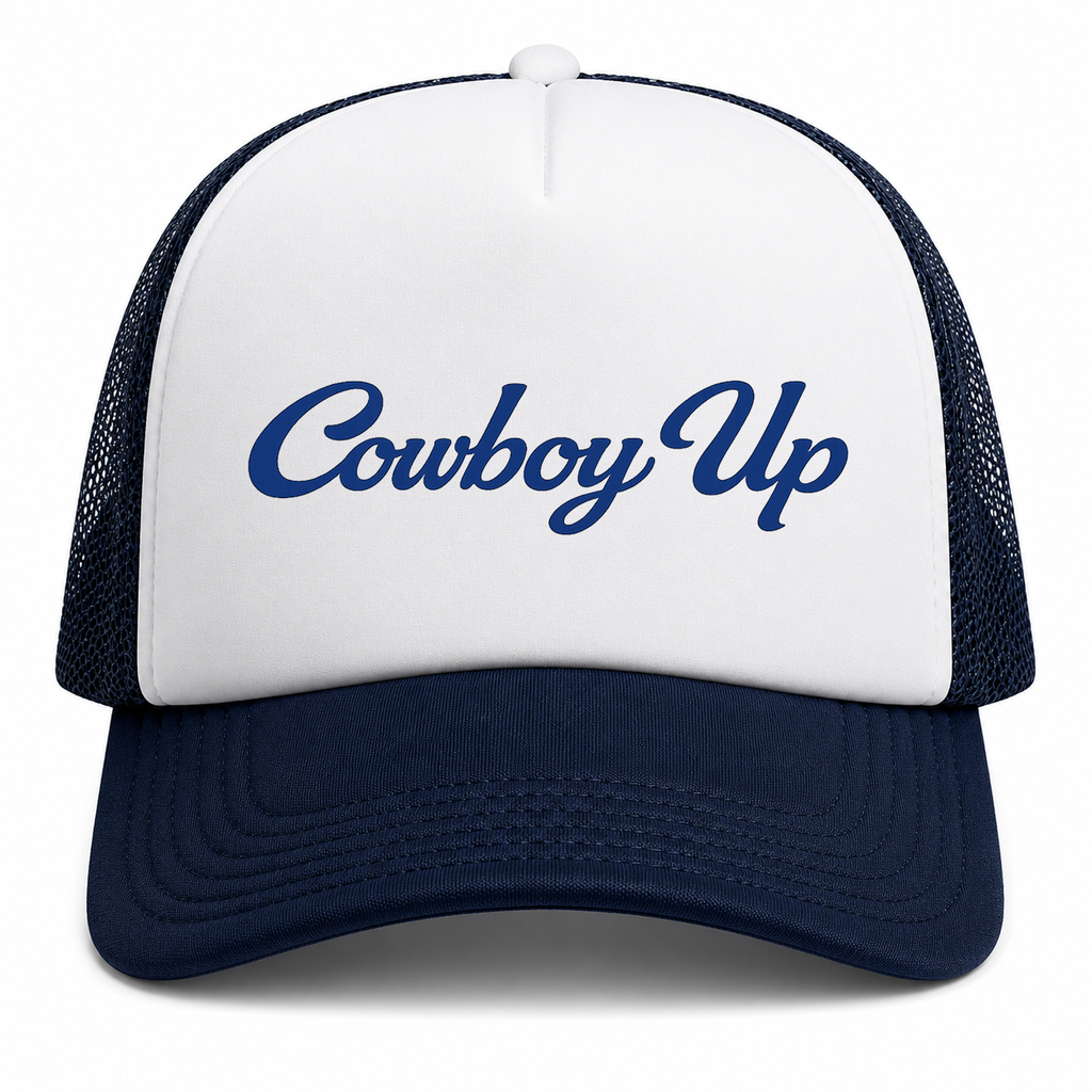Cowboy Up Mesh Back Navy White Foam Trucker Cap